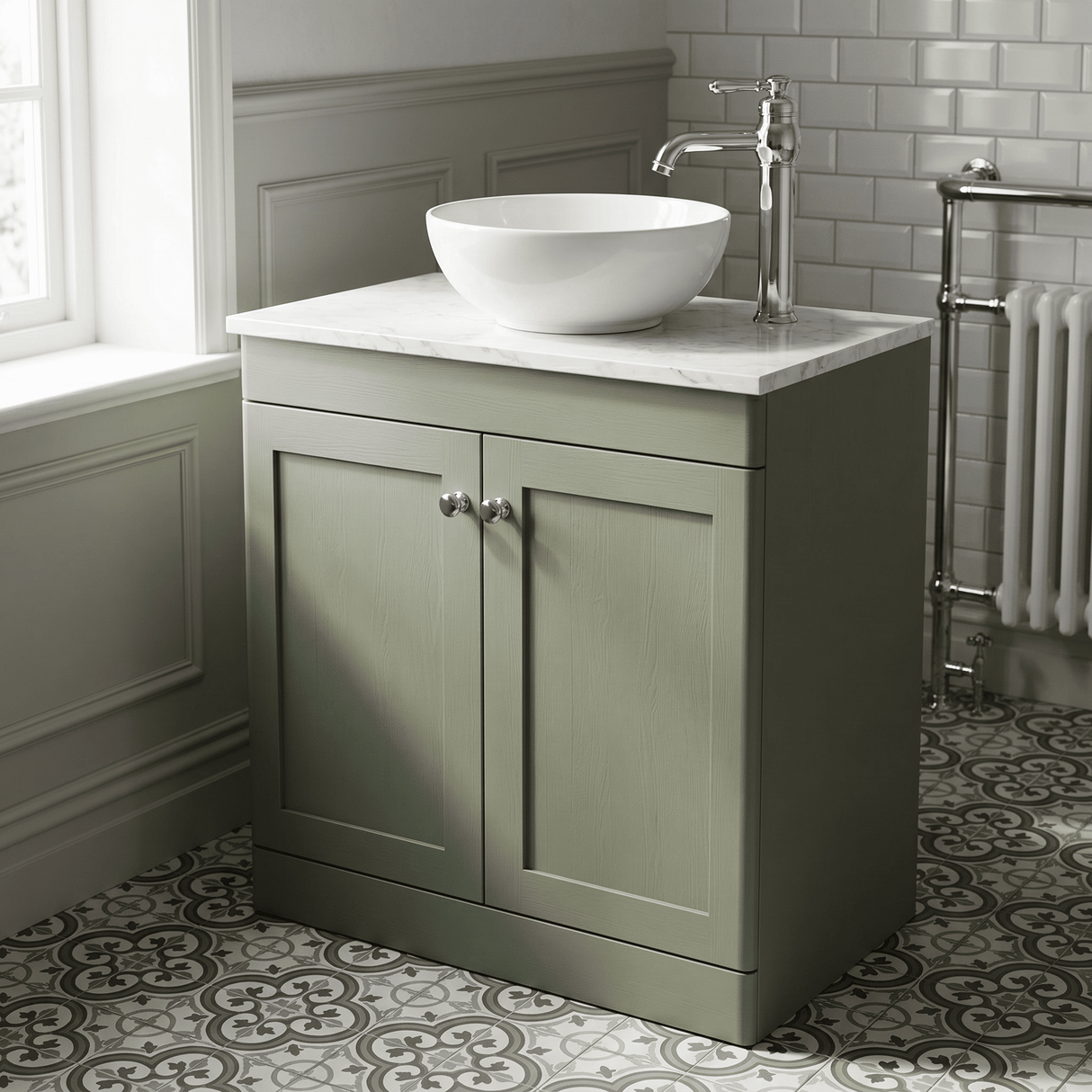 [BFCL826WMT] Swynnerton Traditional 2 Door Floor Standing Vanity Unit with White Marble Worktop, Choice of Size and Colour
