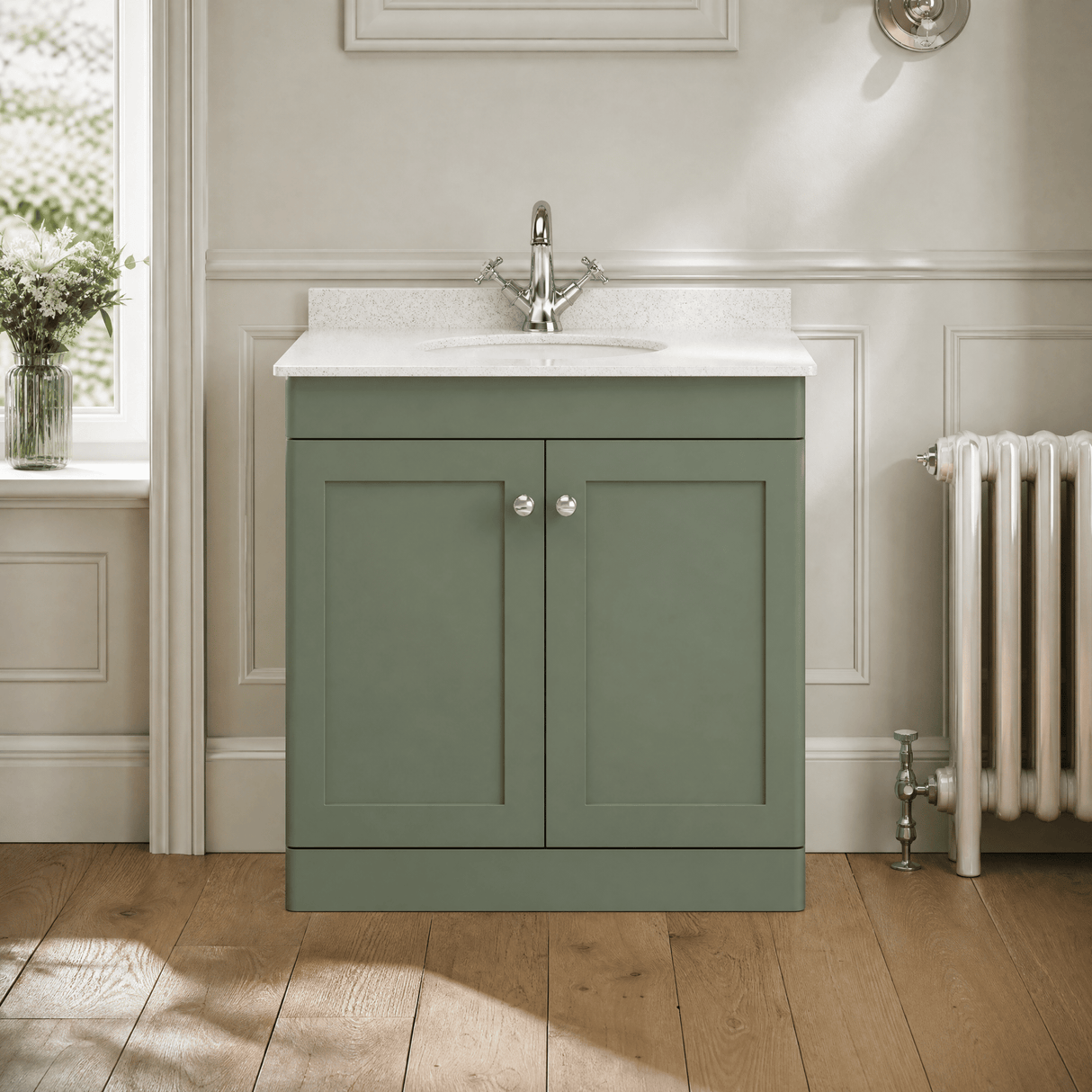 [BFCL826WR1] Swynnerton Traditional 2 Door Floor Standing Vanity Basin Unit with 1 Tap Hole White Marble Worktop and Basin, Choice of Size and Colour