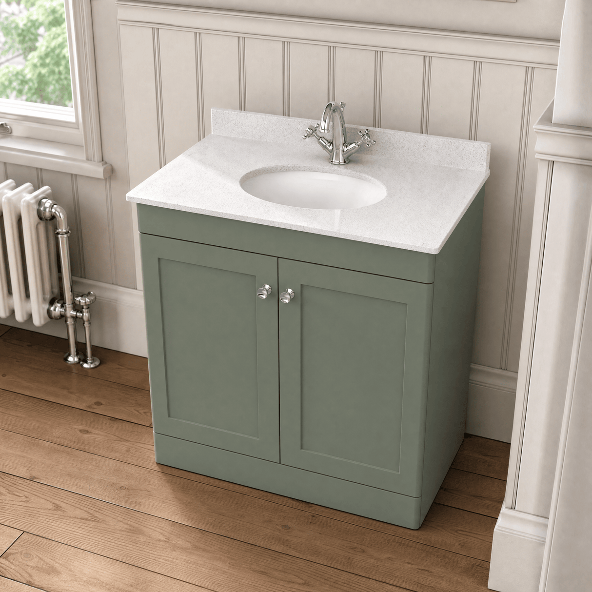 [BFCL826WR1] Swynnerton Traditional 2 Door Floor Standing Vanity Basin Unit with 1 Tap Hole White Marble Worktop and Basin, Choice of Size and Colour