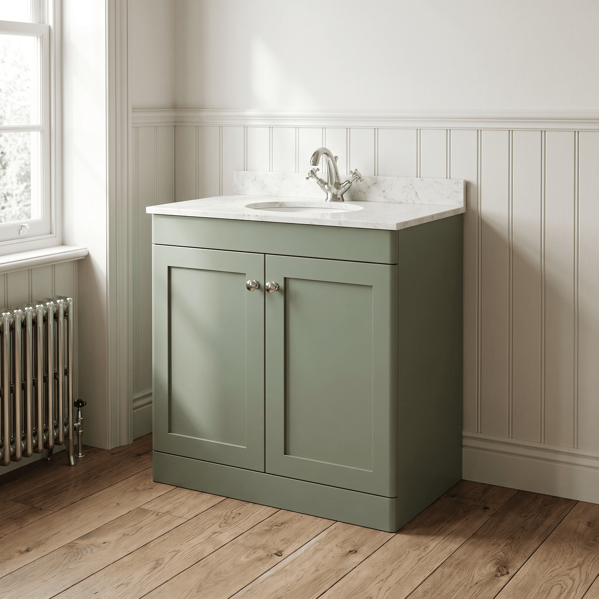 [BFCL826WR1] Swynnerton Traditional 2 Door Floor Standing Vanity Basin Unit with 1 Tap Hole White Marble Worktop and Basin, Choice of Size and Colour