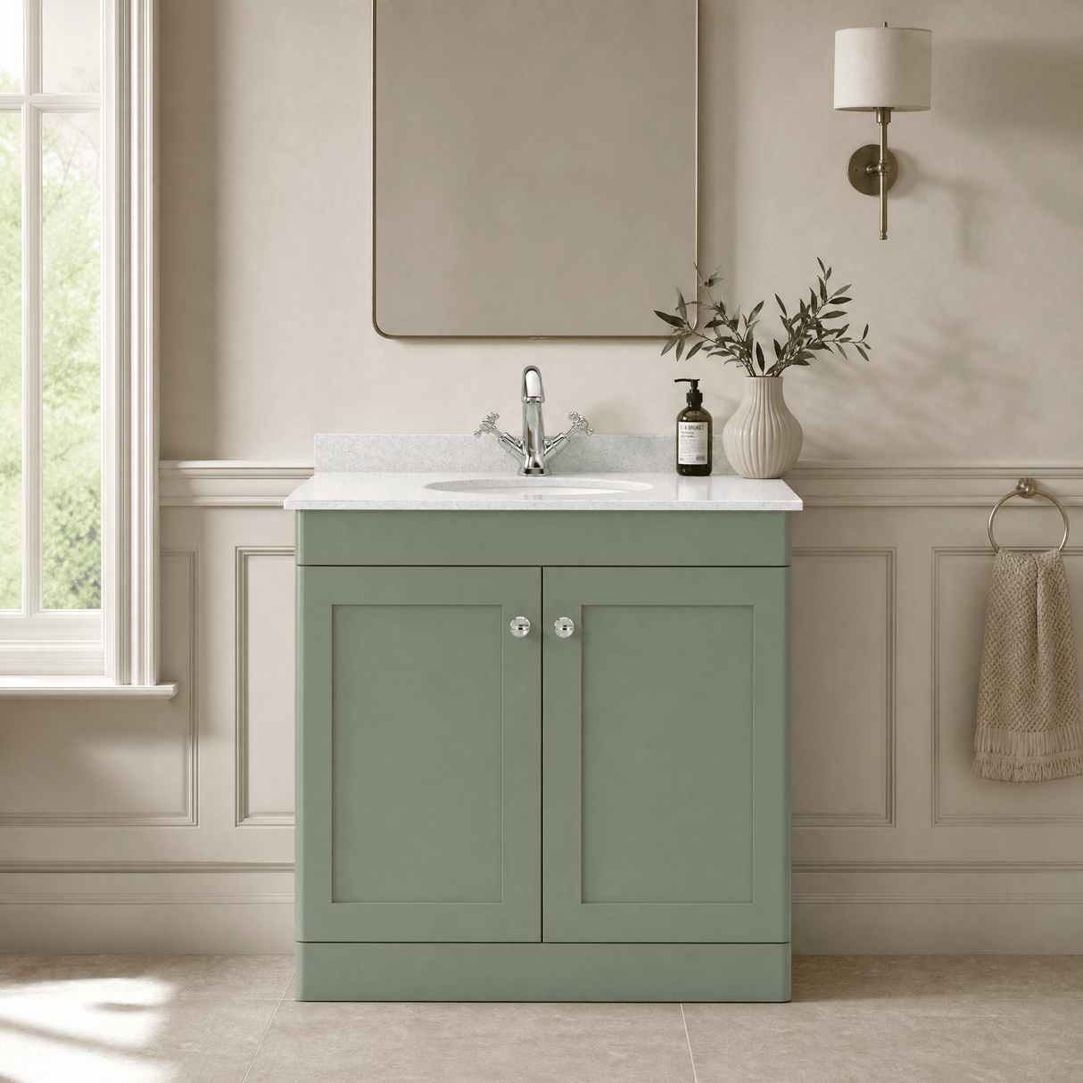 [BFCL826WR1] Swynnerton Traditional 2 Door Floor Standing Vanity Basin Unit with 1 Tap Hole White Marble Worktop and Basin, Choice of Size and Colour - Silo