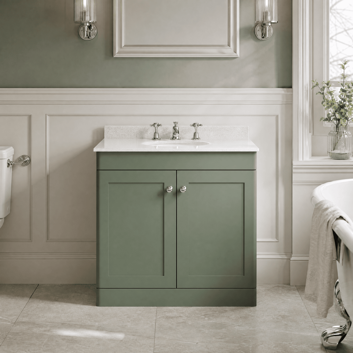 [BFCL826WR3] Swynnerton Traditional 2 Door Floor Standing Vanity Basin Unit with 3 Tap Hole White Marble Worktop and Basin, Choice of Size and Colour