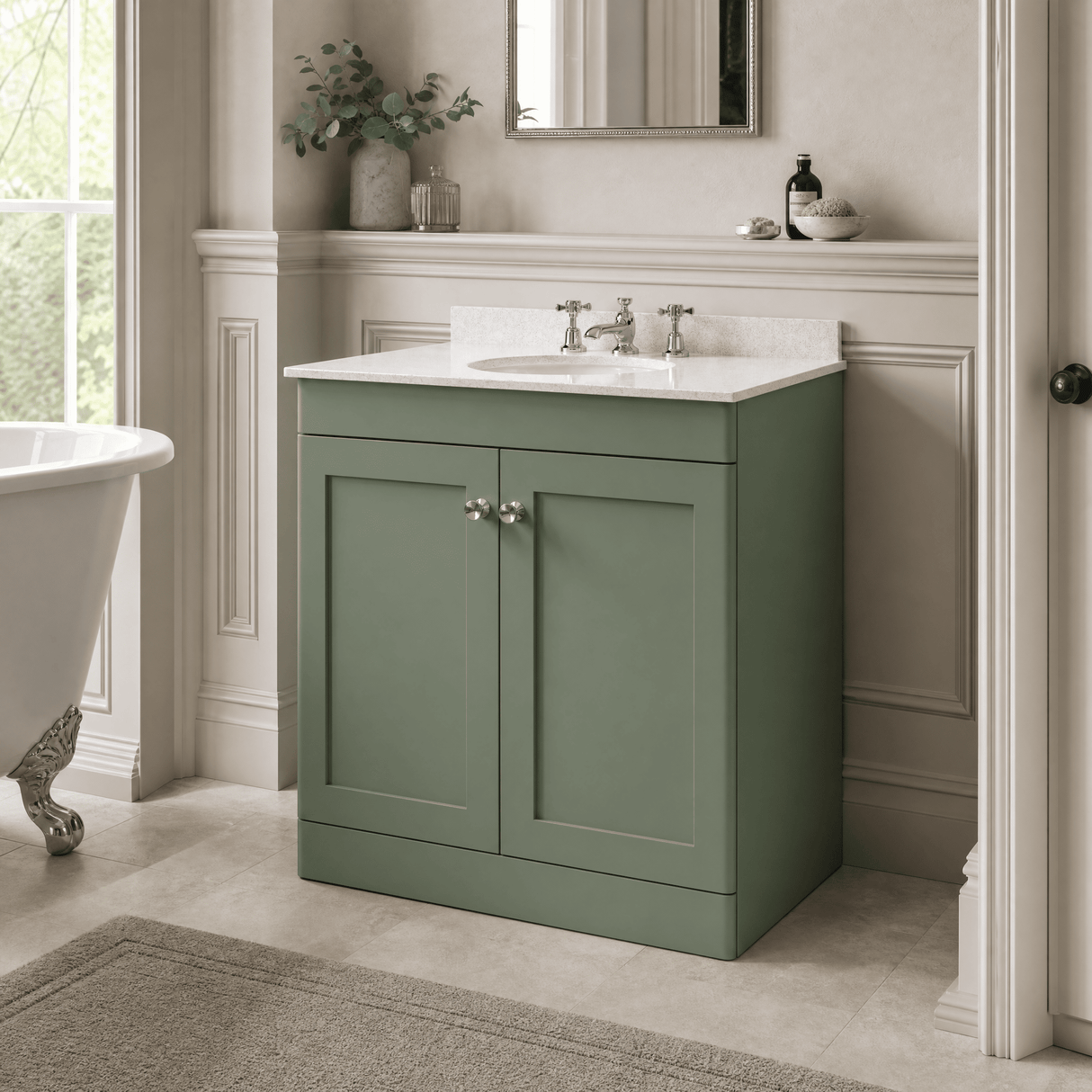 [BFCL826WR3] Swynnerton Traditional 2 Door Floor Standing Vanity Basin Unit with 3 Tap Hole White Marble Worktop and Basin, Choice of Size and Colour