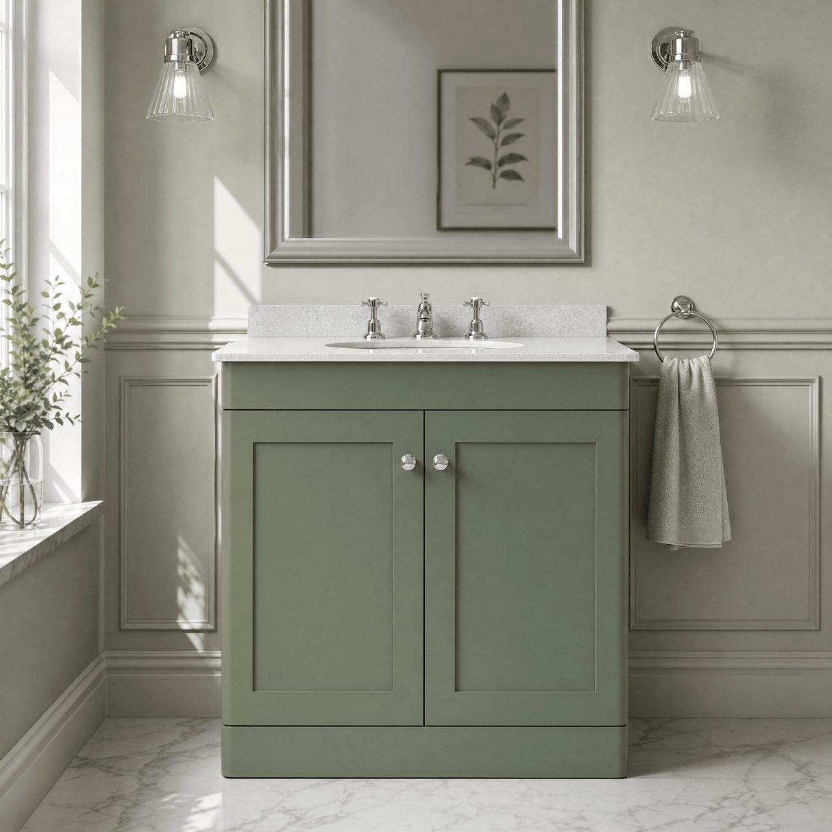 [BFCL826WR3] Swynnerton Traditional 2 Door Floor Standing Vanity Basin Unit with 3 Tap Hole White Marble Worktop and Basin, Choice of Size and Colour - Silo