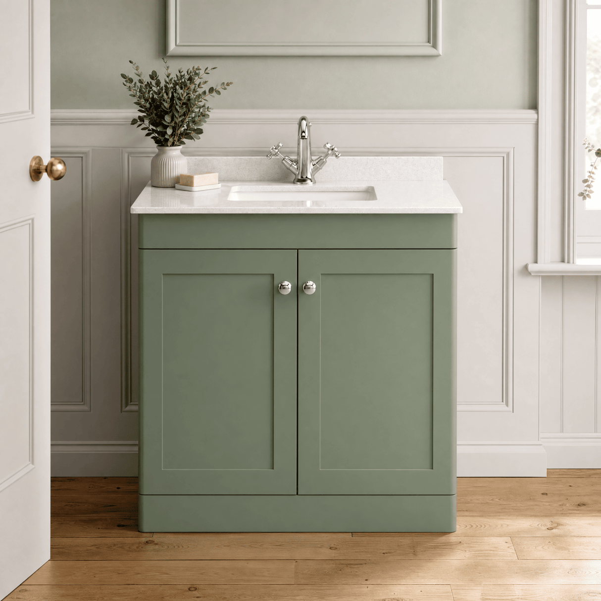 [BFCL826WS1] Swynnerton Traditional 2 Door Floor Standing Vanity Basin Unit with 1 Tap Hole White Marble Worktop and Square Basin, Choice of Size and Colour