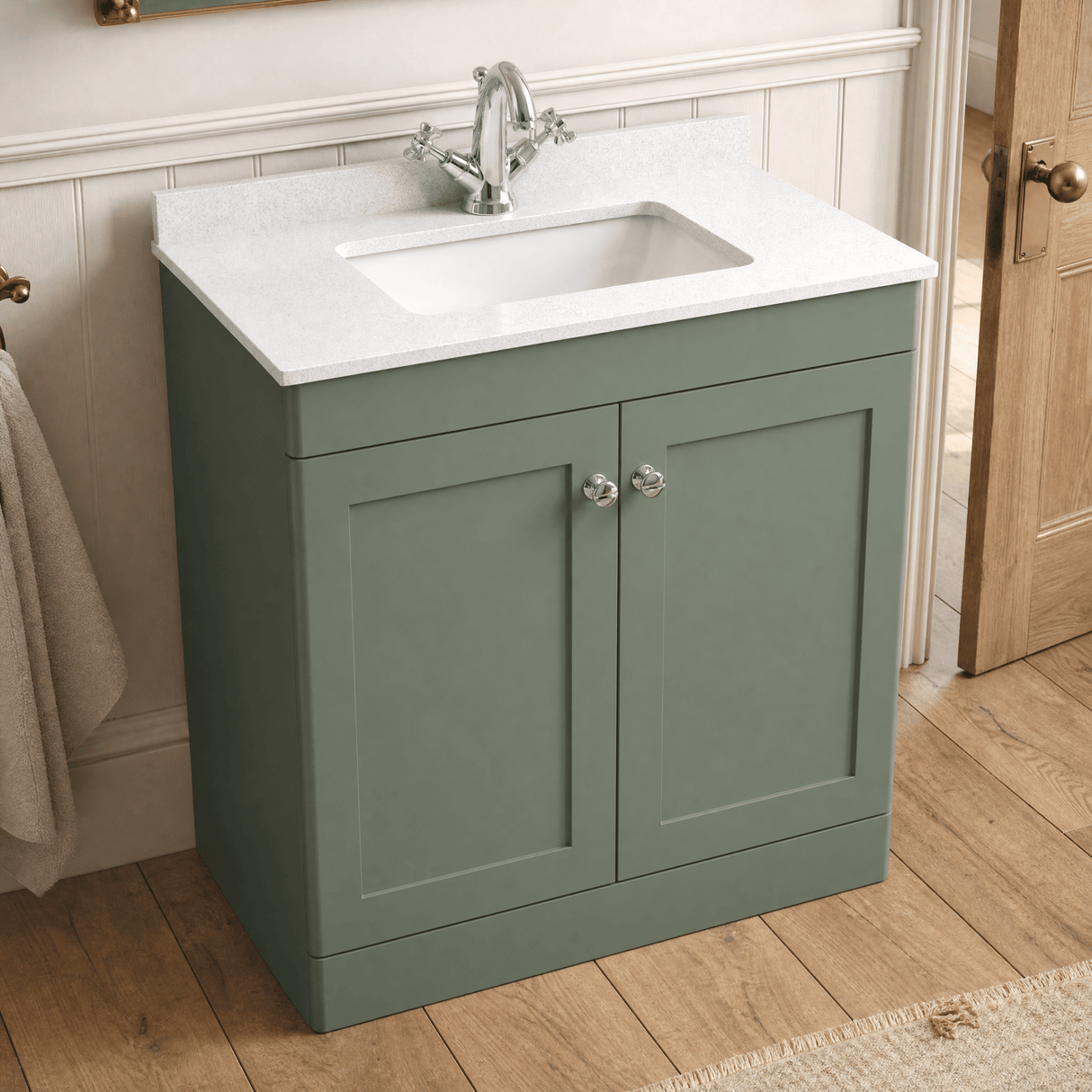 [BFCL826WS1] Swynnerton Traditional 2 Door Floor Standing Vanity Basin Unit with 1 Tap Hole White Marble Worktop and Square Basin, Choice of Size and Colour