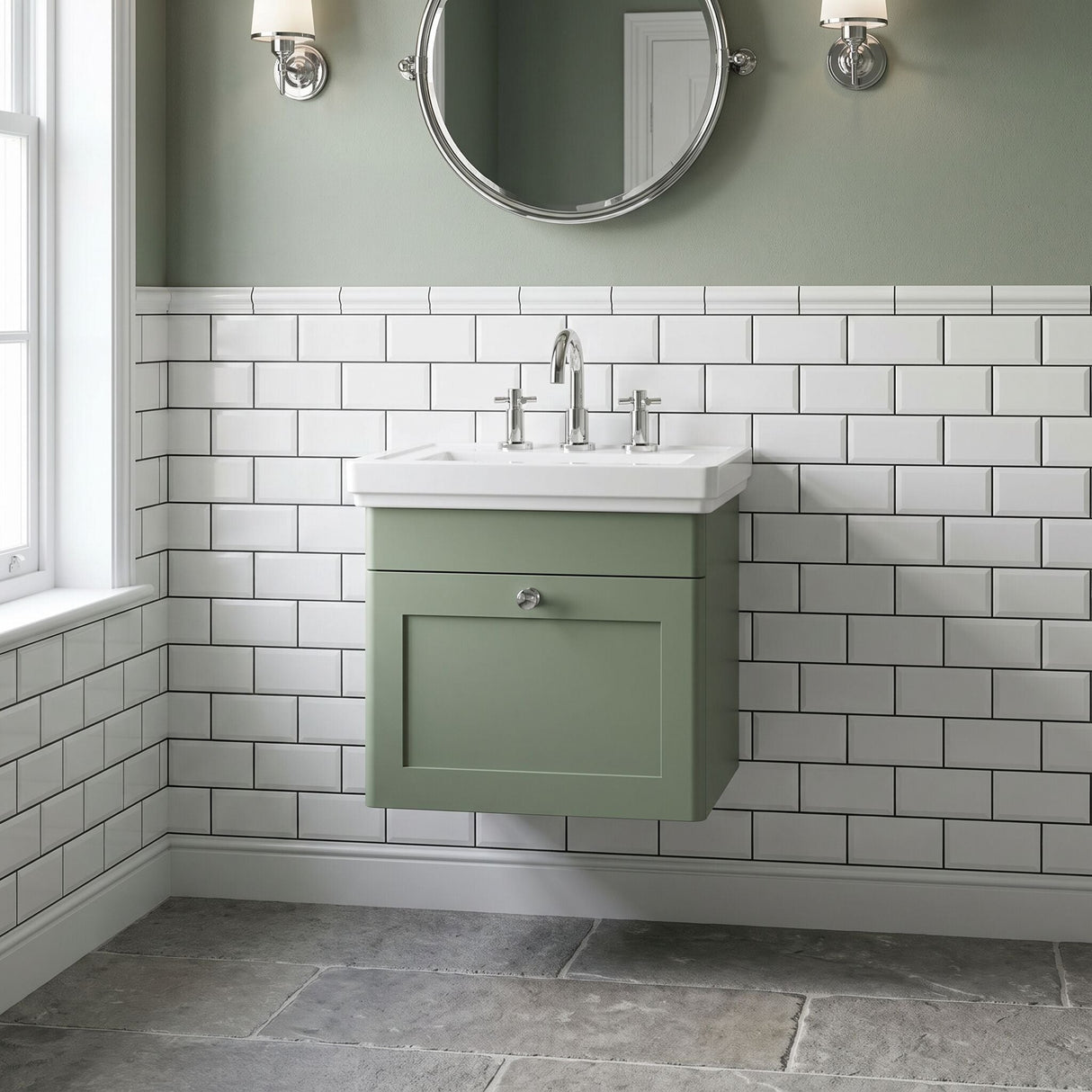 [BFCL891B] Swynnerton Traditional 1 Drawer Wall Hung Vanity Basin Unit with 3 Tap Hole Traditional Fireclay Basin, Choice of Size and Colour