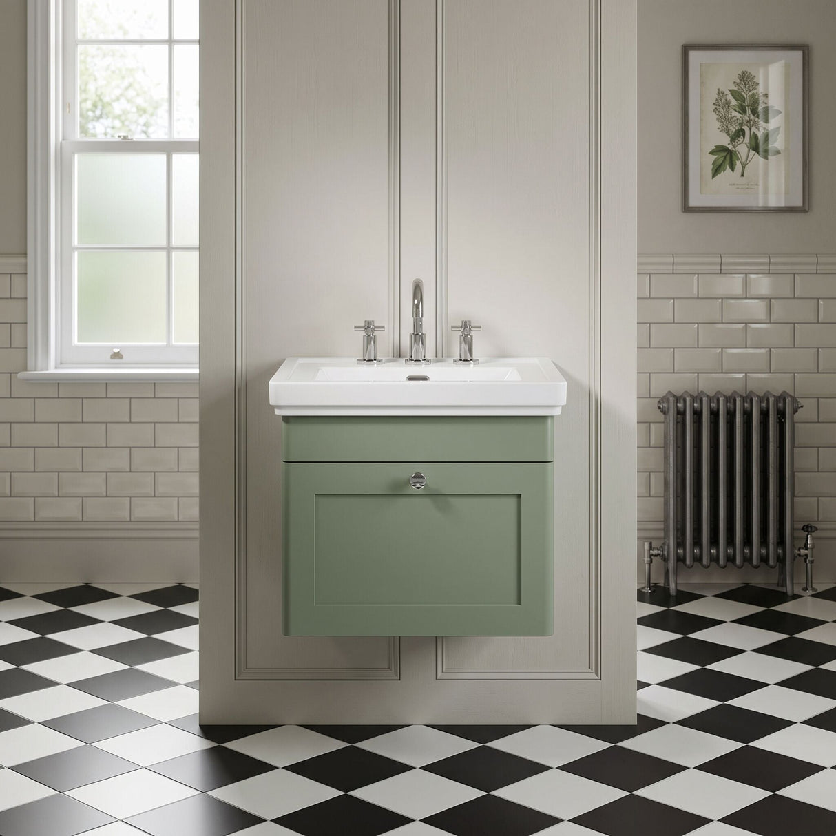 [BFCL891B] Swynnerton Traditional 1 Drawer Wall Hung Vanity Basin Unit with 3 Tap Hole Traditional Fireclay Basin, Choice of Size and Colour