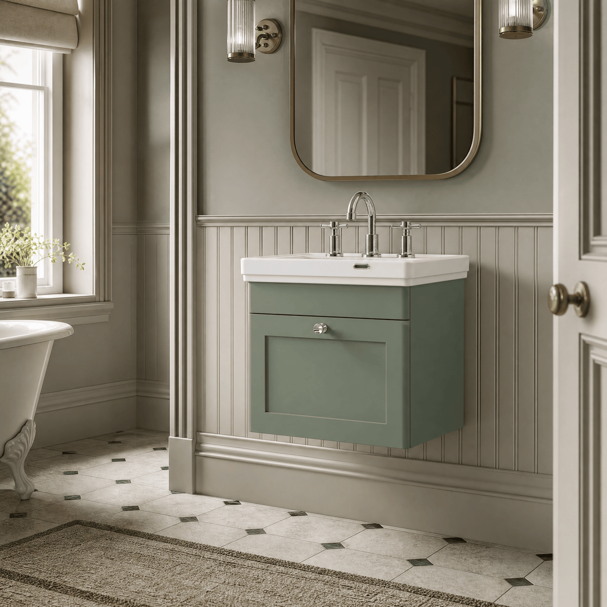 [BFCL891B] Swynnerton Traditional 1 Drawer Wall Hung Vanity Basin Unit with 3 Tap Hole Traditional Fireclay Basin, Choice of Size and Colour