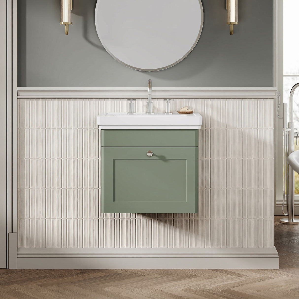 [BFCL891B] Swynnerton Traditional 1 Drawer Wall Hung Vanity Basin Unit with 3 Tap Hole Traditional Fireclay Basin, Choice of Size and Colour - Silo