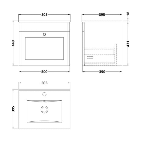 [BFCL891C] Swynnerton Traditional 1 Drawer Wall Hung Vanity Unit with Minimalist Basin, Satin Green, 500mm - Technical Drawing