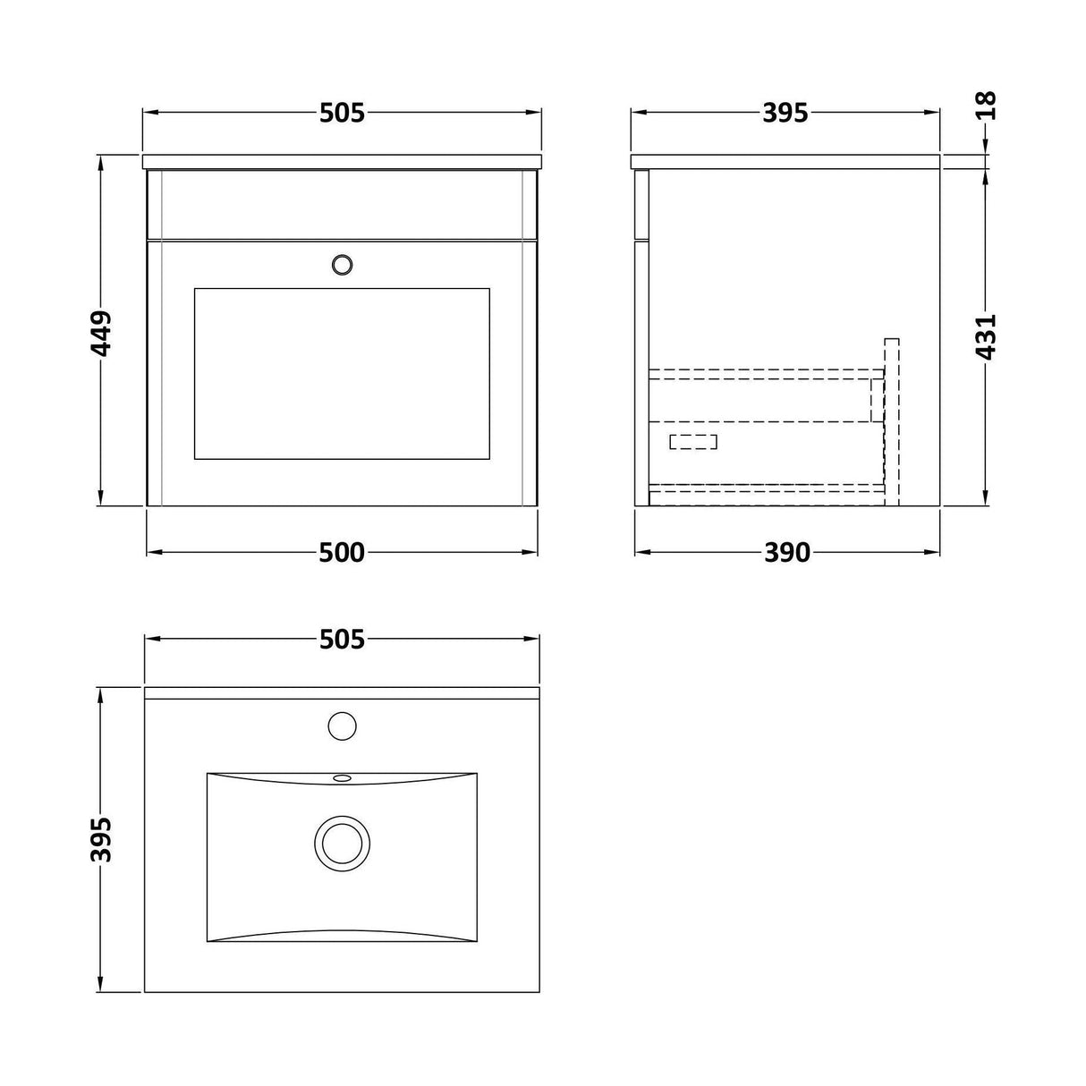 [BFCL891C] Swynnerton Traditional 1 Drawer Wall Hung Vanity Basin Unit with 1 Tap Hole Minimalist Ceramic Basin, Choice of Size and Colour - Technical Drawing