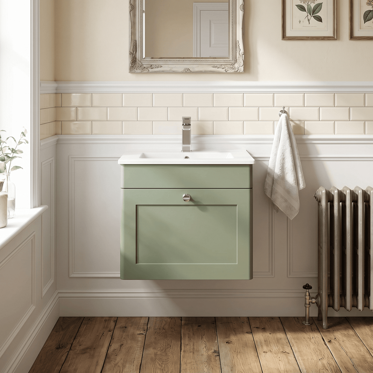 [BFCL891C] Swynnerton Traditional 1 Drawer Wall Hung Vanity Basin Unit with 1 Tap Hole Minimalist Ceramic Basin, Choice of Size and Colour
