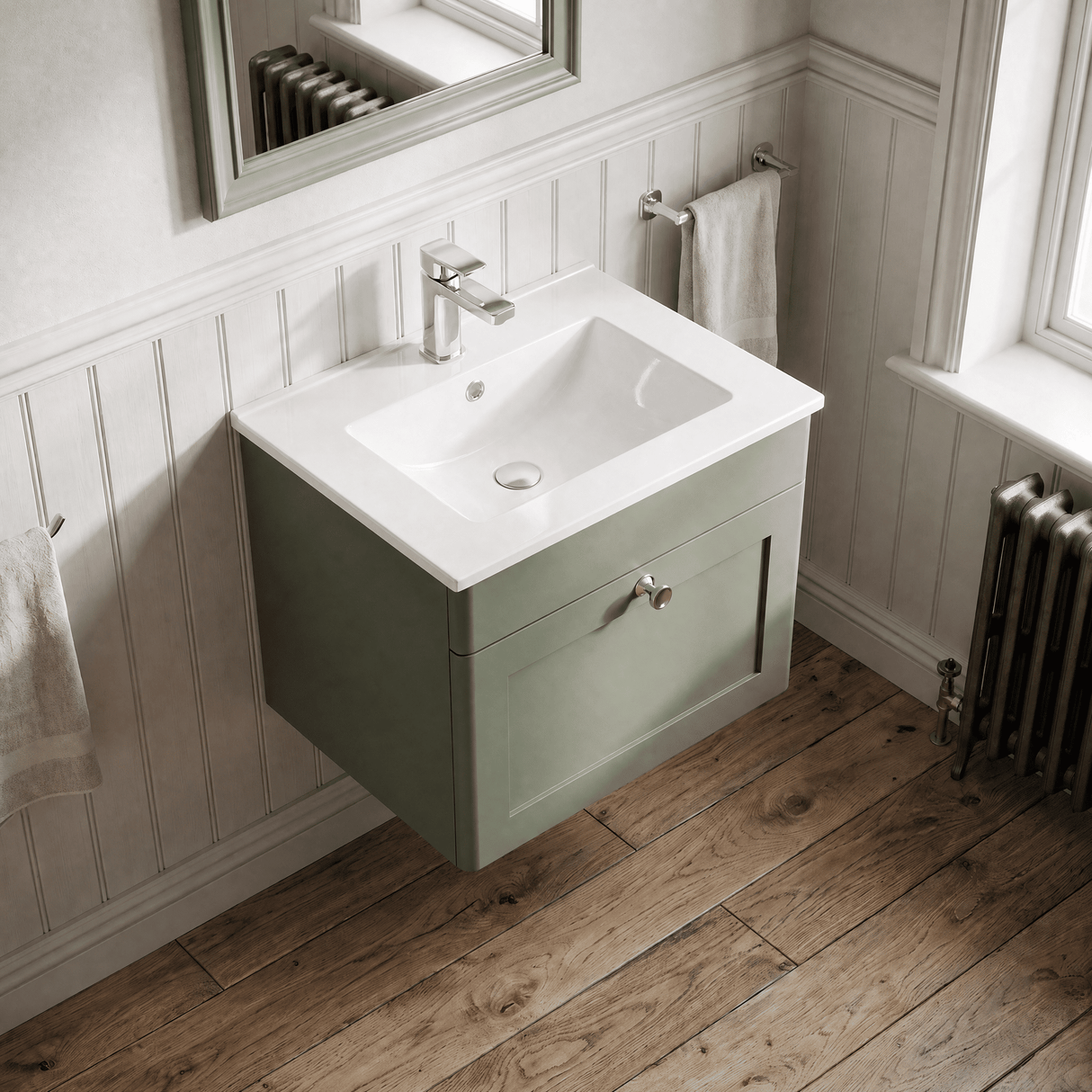 [BFCL891C] Swynnerton Traditional 1 Drawer Wall Hung Vanity Basin Unit with 1 Tap Hole Minimalist Ceramic Basin, Choice of Size and Colour