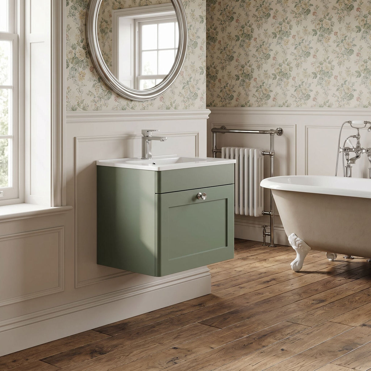 [BFCL891C] Swynnerton Traditional 1 Drawer Wall Hung Vanity Basin Unit with 1 Tap Hole Minimalist Ceramic Basin, Choice of Size and Colour