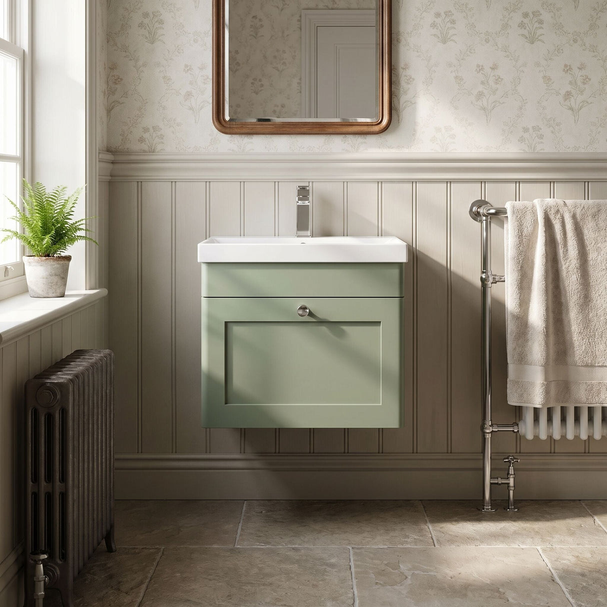[BFCL891E] Swynnerton Traditional 1 Drawer Wall Hung Vanity Unit with Thin Edge Basin, Choice of Size and Colour