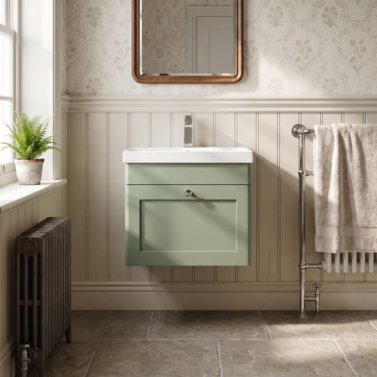 [BFCL891E] Swynnerton Traditional 1 Drawer Wall Hung Vanity Unit with Thin Edge Basin, Choice of Size and Colour - Silo