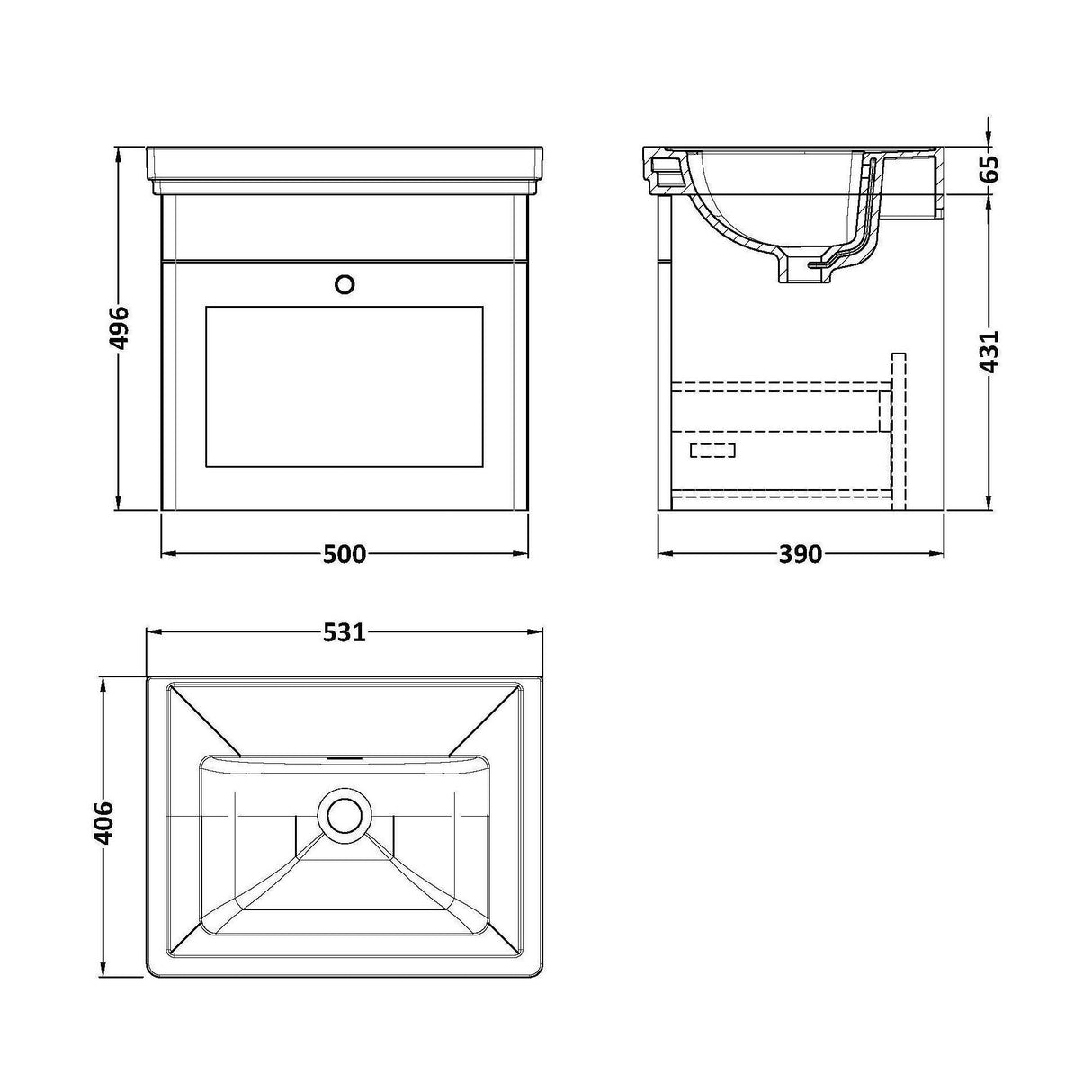 [BFCL891H] Swynnerton Traditional 1 Drawer Wall Hung Vanity Unit with 0 Tap Hole Traditional Fireclay Basin, Choice of Size and Colour - Technical Drawing