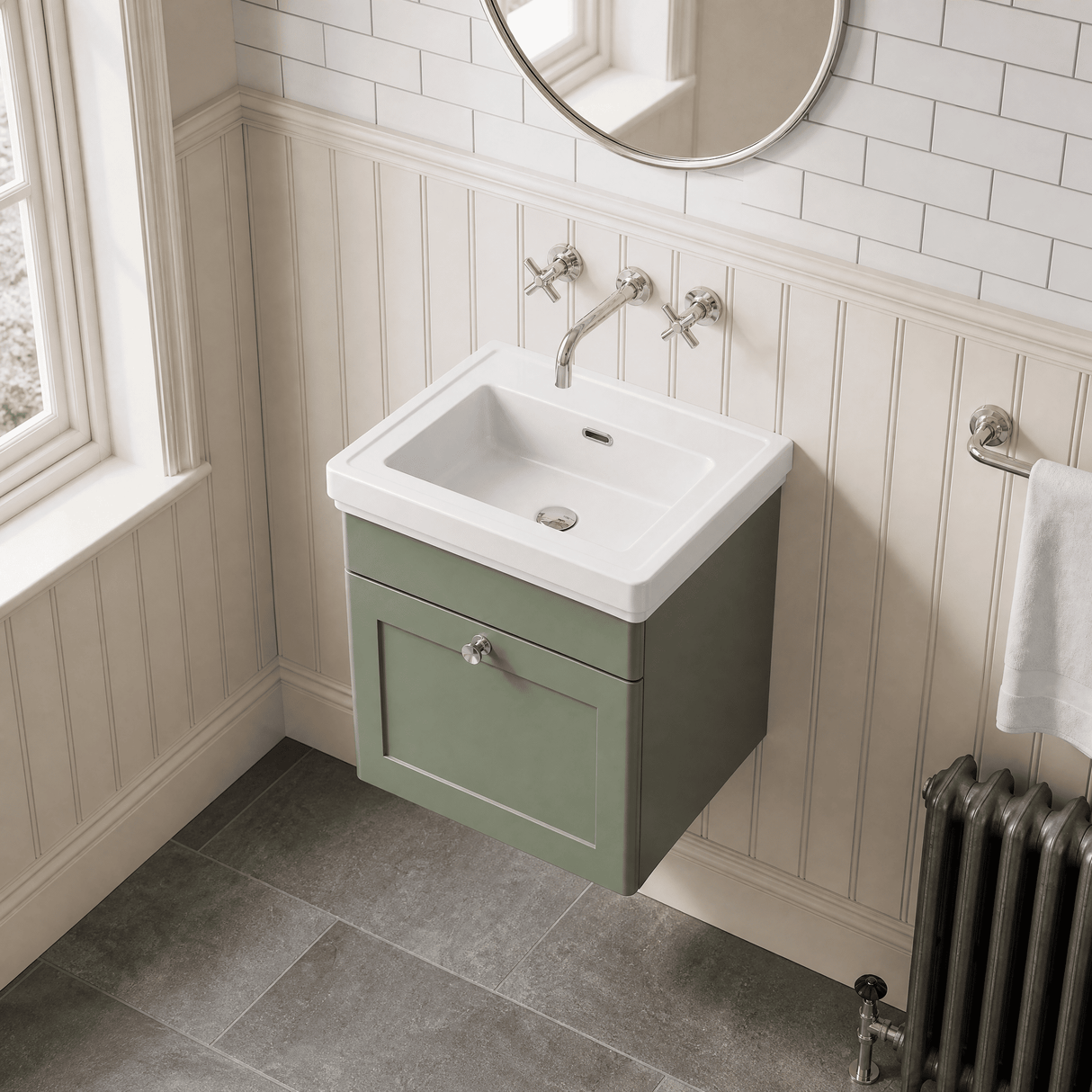 [BFCL891H] Swynnerton Traditional 1 Drawer Wall Hung Vanity Unit with 0 Tap Hole Traditional Fireclay Basin, Choice of Size and Colour