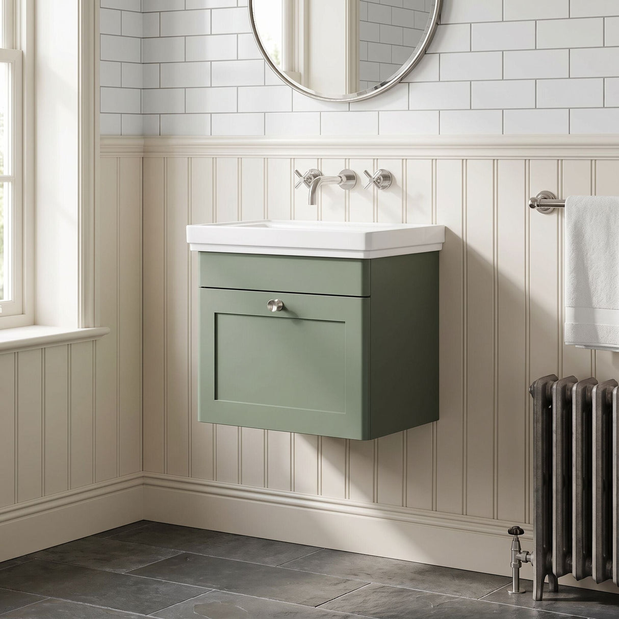 [BFCL891H] Swynnerton Traditional 1 Drawer Wall Hung Vanity Unit with 0 Tap Hole Traditional Fireclay Basin, Choice of Size and Colour