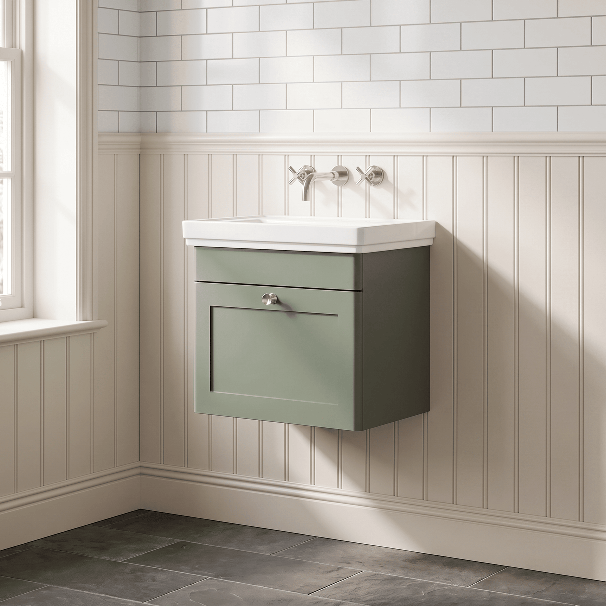 [BFCL891H] Swynnerton Traditional 1 Drawer Wall Hung Vanity Unit with 0 Tap Hole Traditional Fireclay Basin, Choice of Size and Colour - Silo