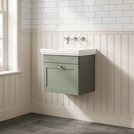 [BFCL891H] Swynnerton Traditional 1 Drawer Wall Hung Vanity Unit with 0 Tap Hole Traditional Fireclay Basin, Choice of Size and Colour - Silo