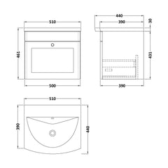 [BFCL891J] Swynnerton Traditional 1 Drawer Wall Hung Vanity Unit with Curved Basin, Choice of Colour - Technical Drawing
