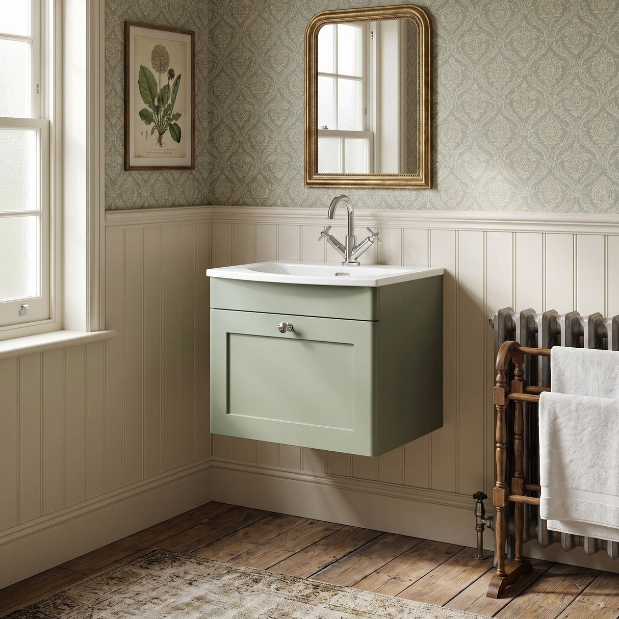 [BFCL891J] Swynnerton Traditional 1 Drawer Wall Hung Vanity Unit with Curved Basin, Choice of Colour