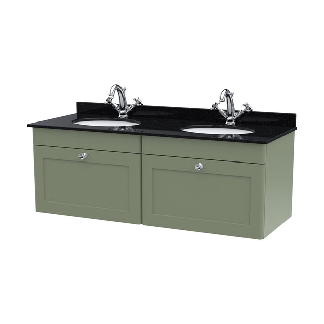 [BFCL894BR2] Swynnerton Traditional 2 Drawer Wall Hung Vanity Unit with Double Marble Basin, Satin Green, 1200mm - Cutout