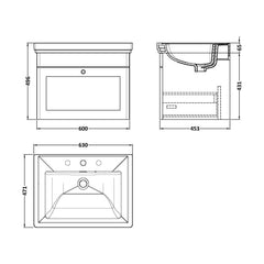 [BFCL894B] Swynnerton Traditional 1 Drawer Wall Hung Vanity Basin Unit with 3 Tap Hole Traditional Fireclay Basin, Choice of Size and Colour - Technical Drawing