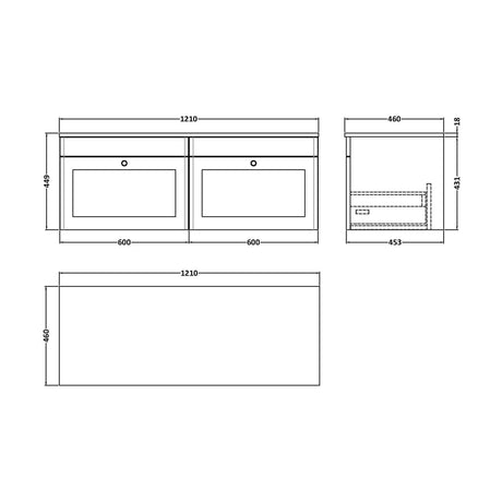 [BFCL894CMT2] Swynnerton Traditional 2 Drawer Wall Hung Vanity Unit with Marble Top, Satin Green, 1200mm - Technical Drawing