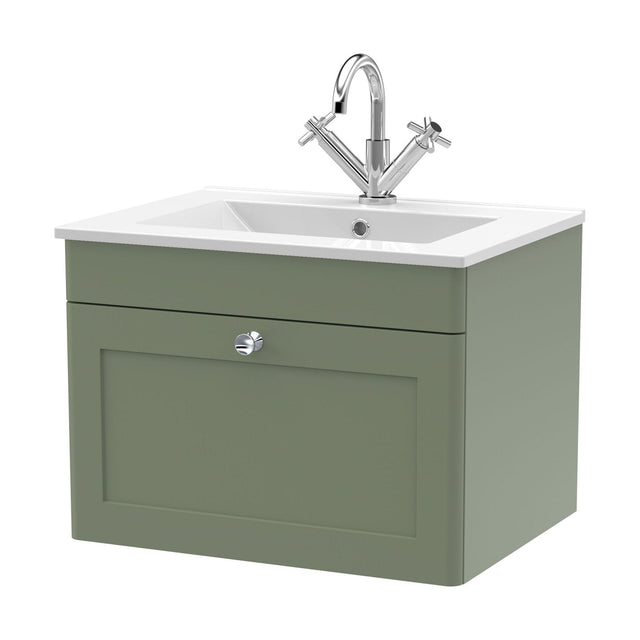 [BFCL894C] Swynnerton Traditional 1 Drawer Wall Hung Vanity Unit with Basin, Satin Green, 600mm - Cutout