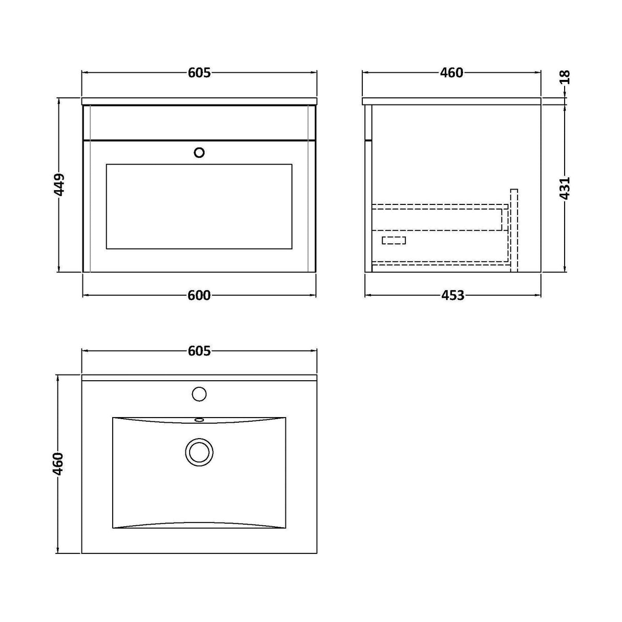 [BFCL894C] Swynnerton Traditional 1 Drawer Wall Hung Vanity Basin Unit with 1 Tap Hole Minimalist Ceramic Basin, Choice of Size and Colour - Technical Drawing