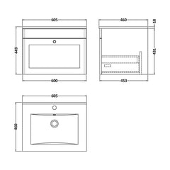 [BFCL894C] Swynnerton Traditional 1 Drawer Wall Hung Vanity Basin Unit with 1 Tap Hole Minimalist Ceramic Basin, Choice of Size and Colour - Technical Drawing
