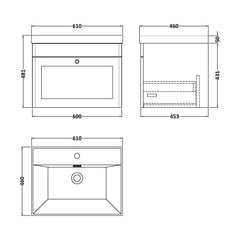 [BFCL894E] Swynnerton Traditional 1 Drawer Wall Hung Vanity Unit with Thin Edge Basin, Choice of Size and Colour - Technical Drawing