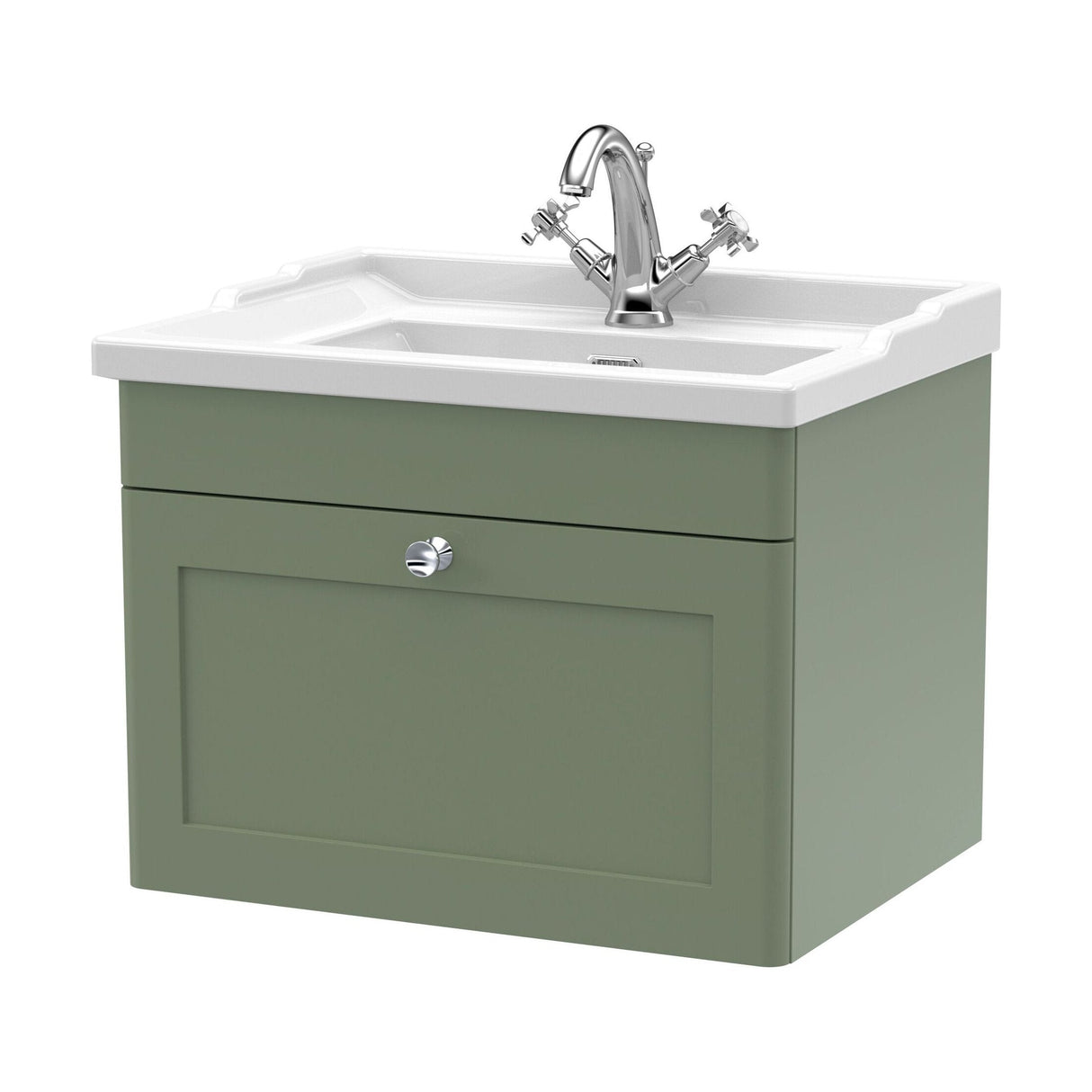 [BFCL894F] Swynnerton Traditional 1 Drawer Wall Hung Vanity Basin Unit with 1 Tap Hole Traditional Ceramic Basin, Choice of Size and Colour - Cutout