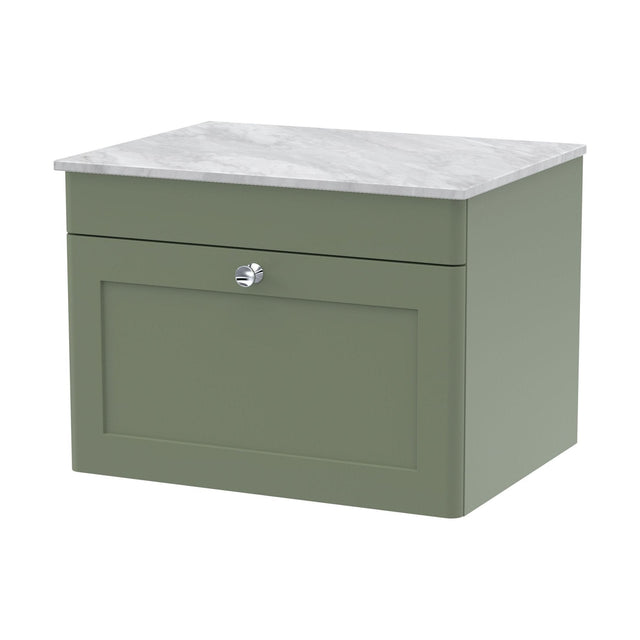[BFCL894GMT] Swynnerton Traditional 1 Drawer Wall Hung Vanity Unit with Marble Top, Satin Green, 600mm - Cutout
