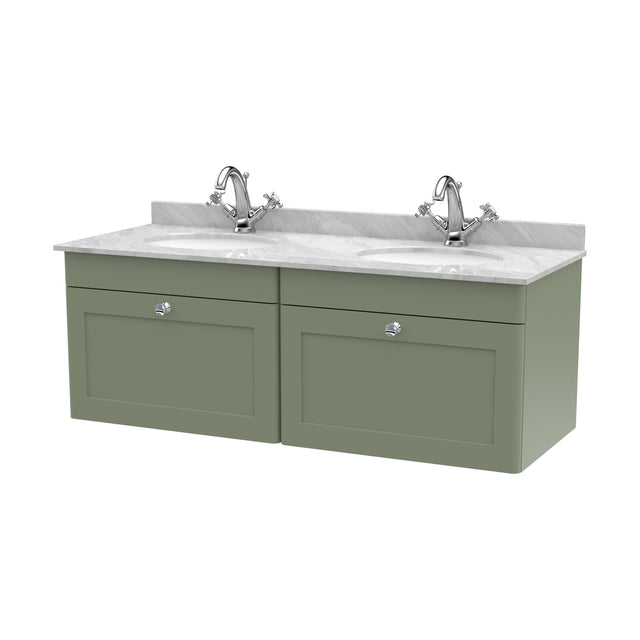 [BFCL894GR2] Swynnerton Traditional 2 Drawer Wall Hung Vanity Unit with Double Marble Basin, Satin Green, 1200mm - Cutout