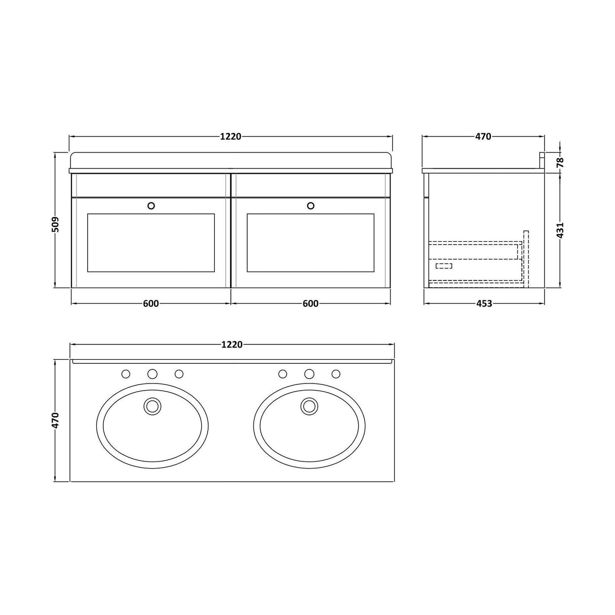 [BFCL894GR6] Swynnerton Traditional 2 Drawer Wall Hung Vanity Basin Unit with Double 3 Tap Hole Grey Marble Basin, 1200mm, Choice of Colour - Technical Drawing