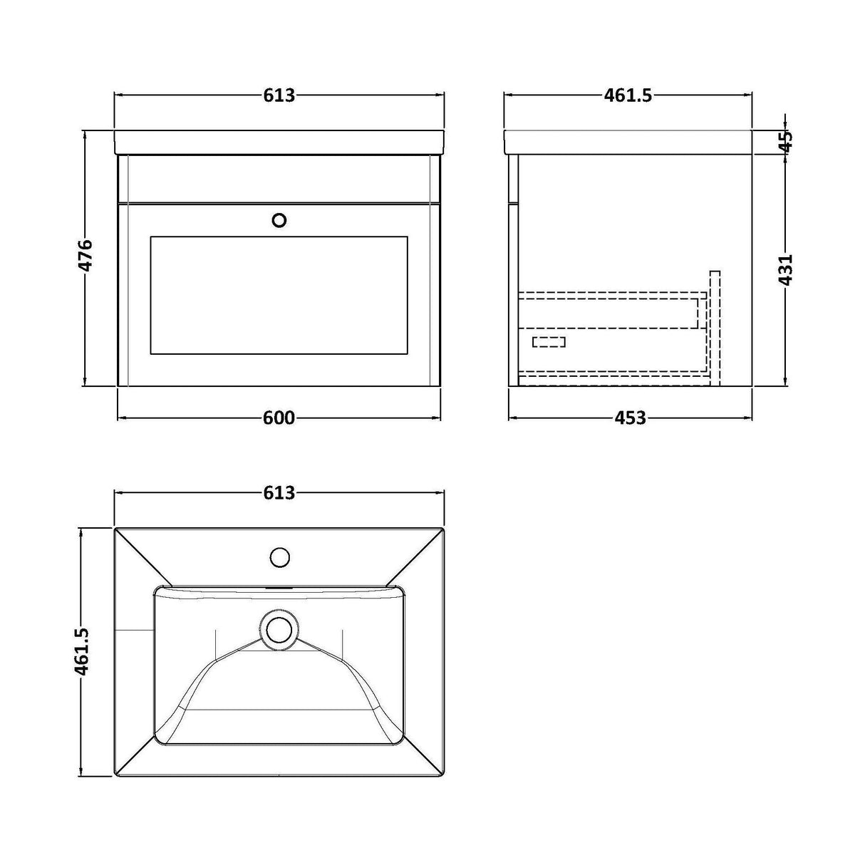 [BFCL894L] Swynnerton Traditional 1 Drawer Wall Hung Vanity Basin Unit with 1 Tap Hole Modern Fireclay Basin, Choice of Size and Colour - Technical Drawing