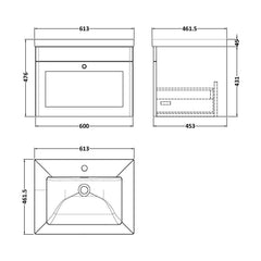 [BFCL894L] Swynnerton Traditional 1 Drawer Wall Hung Vanity Basin Unit with 1 Tap Hole Modern Fireclay Basin, Choice of Size and Colour - Technical Drawing