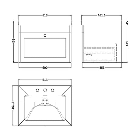 [BFCL894M] Swynnerton Traditional 1 Drawer Wall Hung Vanity Unit with Fireclay Basin, Satin Green, 600mm - Technical Drawing