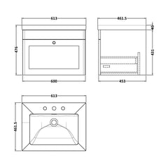 [BFCL894M] Swynnerton Traditional 1 Drawer Wall Hung Vanity Basin Unit with 3 Tap Hole Modern Fireclay Basin, Choice of Size and Colour - Technical Drawing