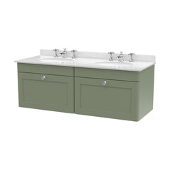 [BFCL894WR6] Swynnerton Traditional 2 Drawer Wall Hung Vanity Basin Unit with Double 3 Tap Hole White Marble Worktop and Basin, 1200mm, Choice of Colour - Cutout