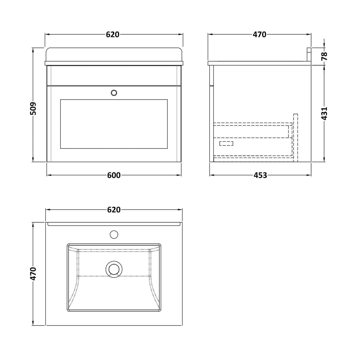 [BFCL894WS1] Swynnerton Traditional 1 Drawer Wall Hung Vanity Basin Unit with 1 Tap Hole White Marble Worktop and Square Basin, Choice of Size and Colour - Technical Drawing