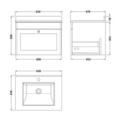 [BFCL894WS1] Swynnerton Traditional 1 Drawer Wall Hung Vanity Basin Unit with 1 Tap Hole White Marble Worktop and Square Basin, Choice of Size and Colour - Technical Drawing