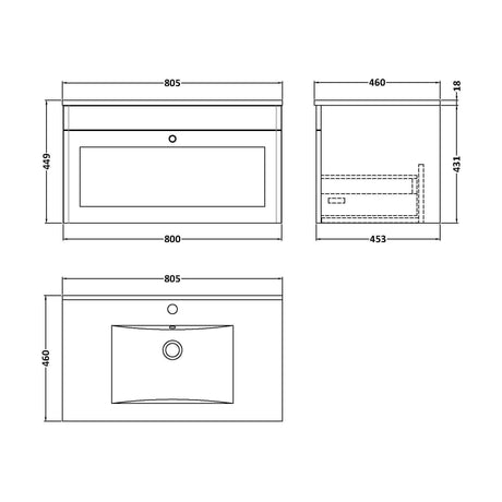 [BFCL896C] Swynnerton Traditional 1 Drawer Wall Hung Vanity Unit with Basin, Satin Green, 800mm - Technical Drawing