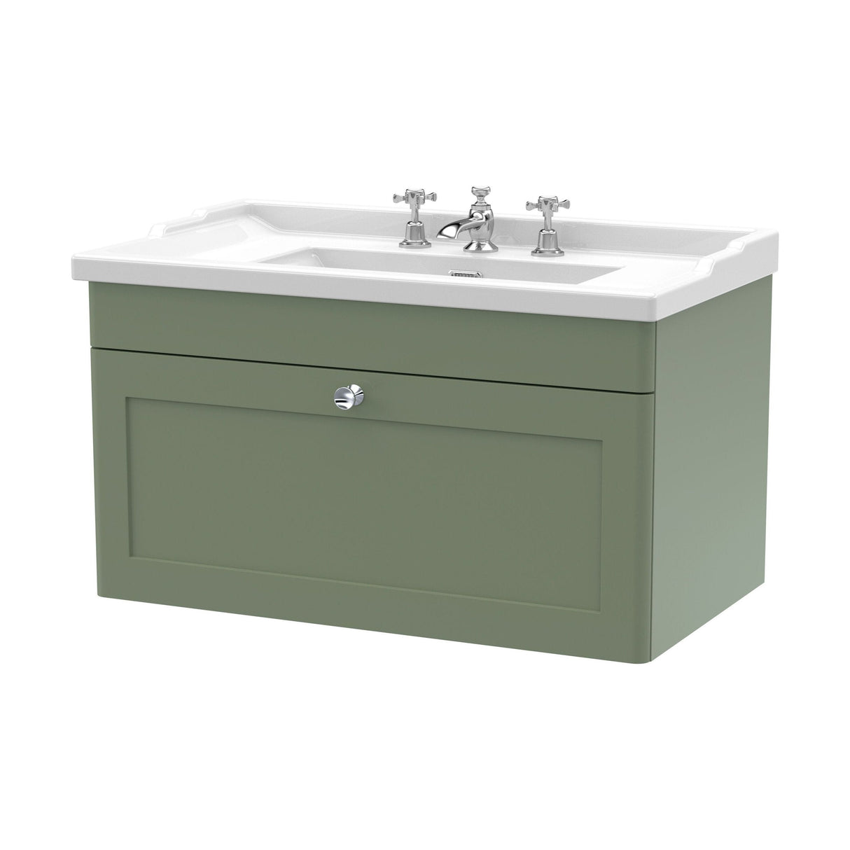 [BFCL896G] Swynnerton Traditional 1 Drawer Wall Hung Vanity Basin Unit with 3 Tap Hole Traditional Ceramic Basin, Choice of Size and Colour - Cutout