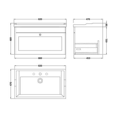 [BFCL896G] Swynnerton Traditional 1 Drawer Wall Hung Vanity Unit with Basin, Satin Green, 800mm - Technical Drawing