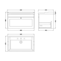 [BFCL896G] Swynnerton Traditional 1 Drawer Wall Hung Vanity Basin Unit with 3 Tap Hole Traditional Ceramic Basin, Choice of Size and Colour - Technical Drawing